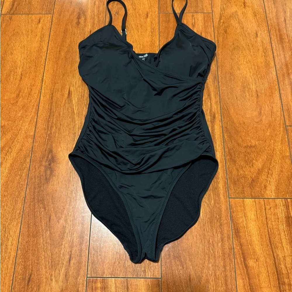 Garnet Hill Black Ruched One-Piece Swimsuit